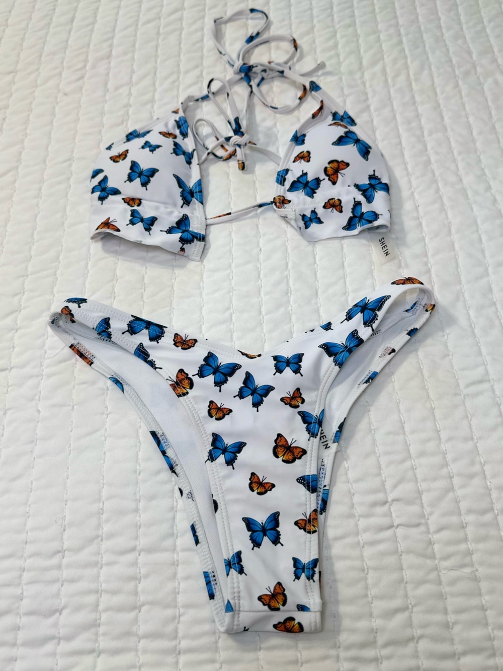 SHEIN White Bikini Set of Two with Blue & Orange Butterfly Print Size S